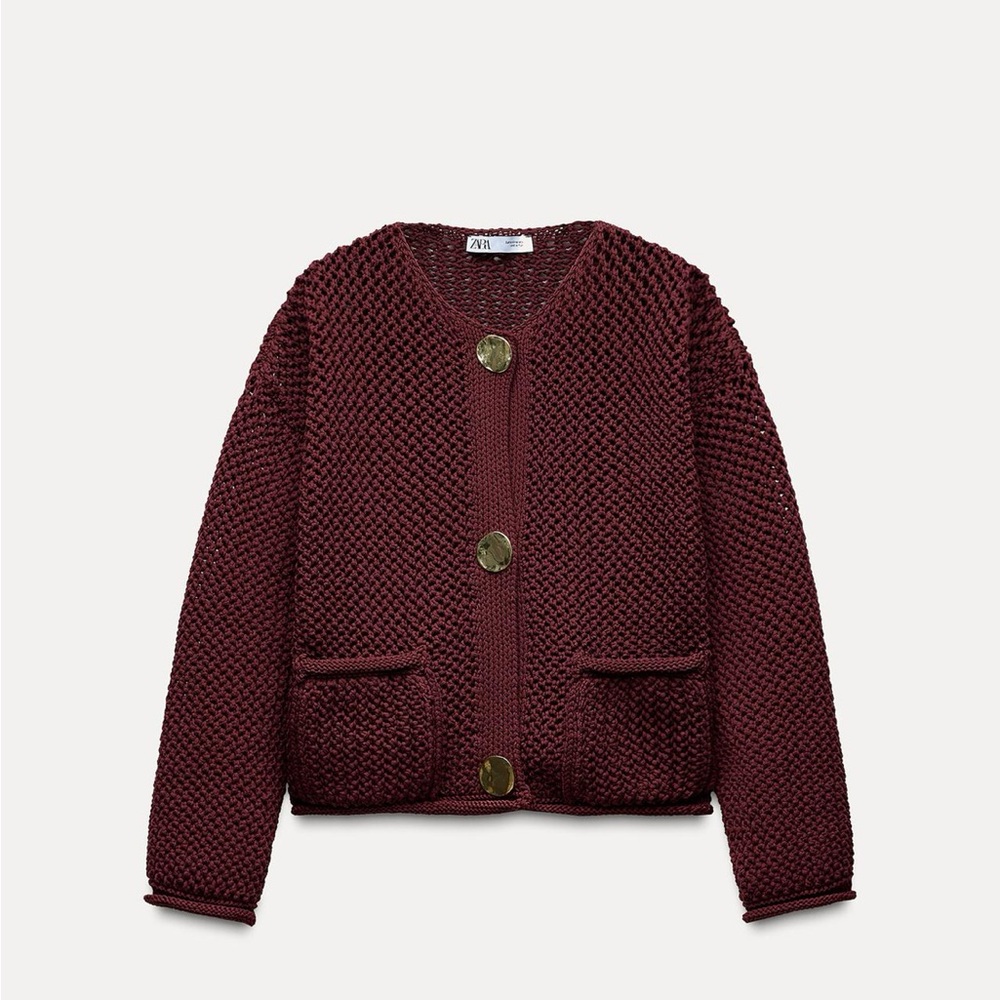 Zara Deep Red Cardigan with Metallic Buttons